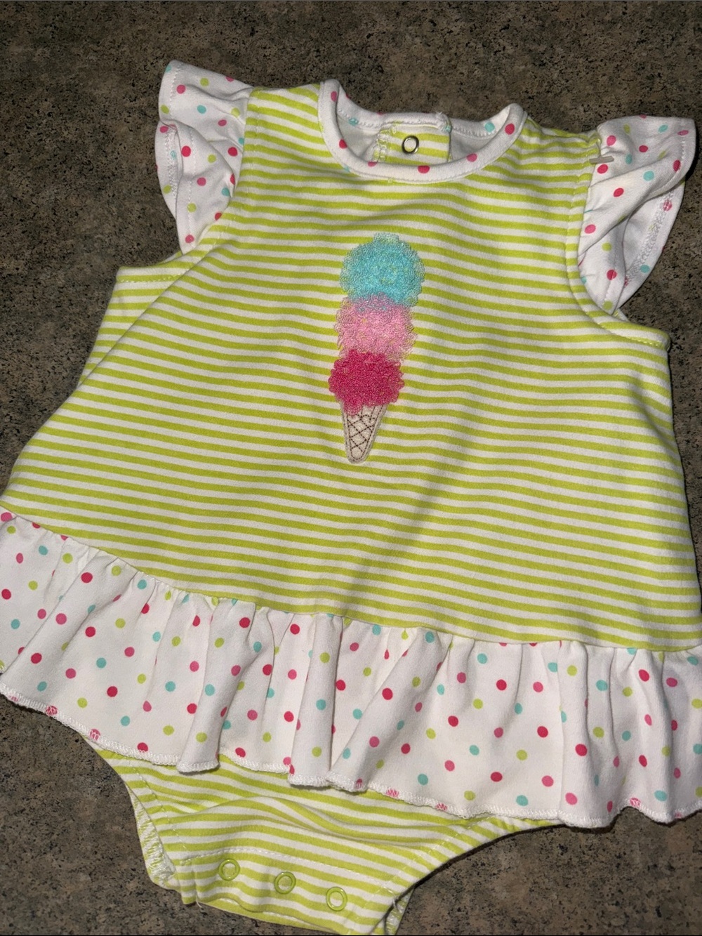 Striped Lime & White Baby Dress Bodysuit with Ice Cream Pom-Pom